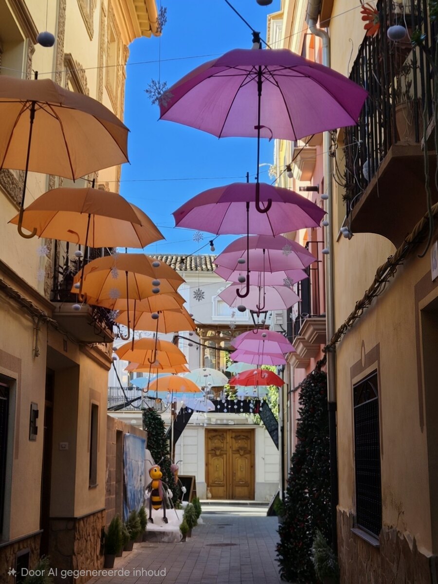 Straatje met roze parasols